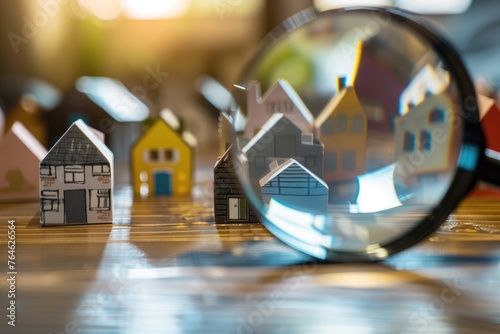 Real estate market analysis concept with cardboard houses and a magnifying glass focusing on a single home, symbolizing property evaluation - AI generated