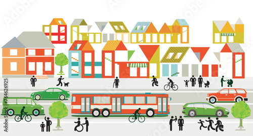 Stadtbus und Fußgänger im Ort, Illustration