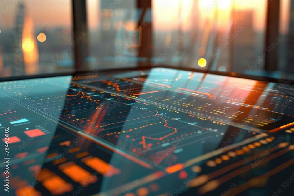 Obraz premium Advanced data analytics on holographic screens over a laptop in an office at sunset, showcasing modern business intelligence technology - AI generated