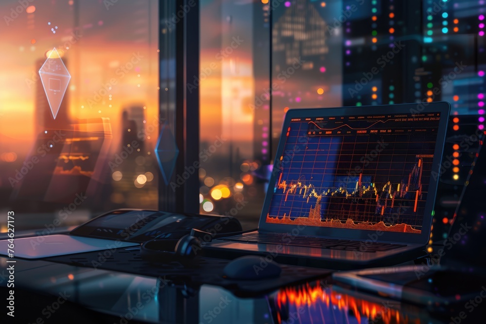 Advanced data analytics on holographic screens over a laptop in an office at sunset, showcasing modern business intelligence technology - AI generated