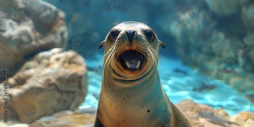 A lively seal playfully performing and entertaining a crowd at an underwater coral reef comedy club The seal has a humorous