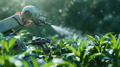  smart robotic farmers in agriculture futuristic robot automation to work to spray chemical fertilizer or increase efficiency: