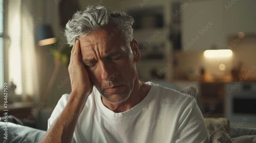 Obraz premium A middle-aged man with grey hair and light skin with headache, pain, sick, illnes
