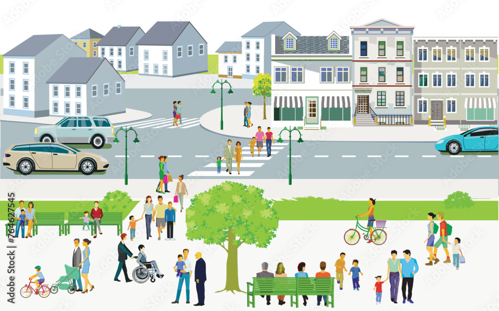 Stadtsilhouette mit Menschengruppen in der Freizeit im Wohnviertel, Freisteller – Neutraler Hintergrund, pictogram Illustration