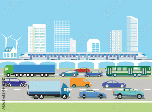 Fototapeta Naklejka Na Ścianę i Meble -  Personenwagen und Lastwagen auf der Autobahn  Illustration