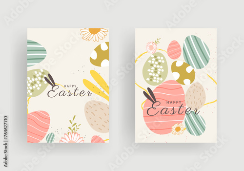 Happy Easter Set of poster banners  greeting cards  holiday covers. Trendy design with typography  eggs and bunny  in pastel colors. Modern art minimalist style