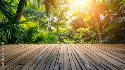 Empty wooden terrace with tropical style tree garden background
