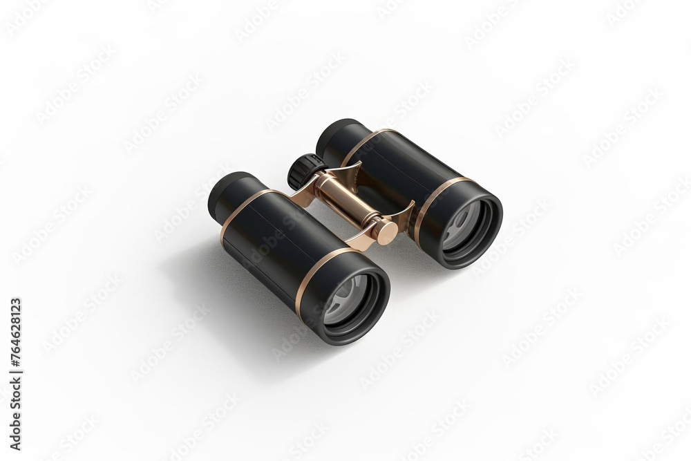 Elegant black and gold binoculars on a white background with ample copy space for text, ideal for themes related to travel, adventure, and discovery