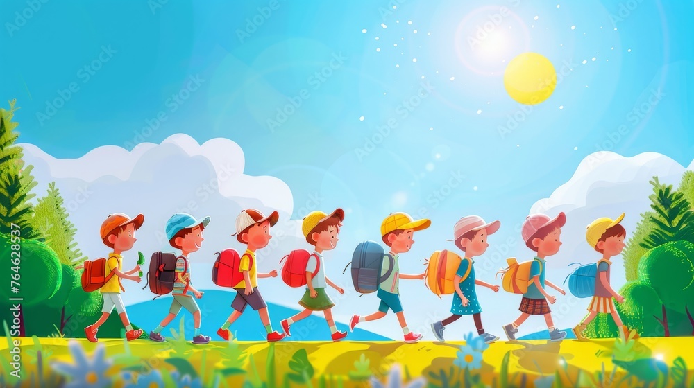 Group of children walking to school on a sunny day: back to education concept