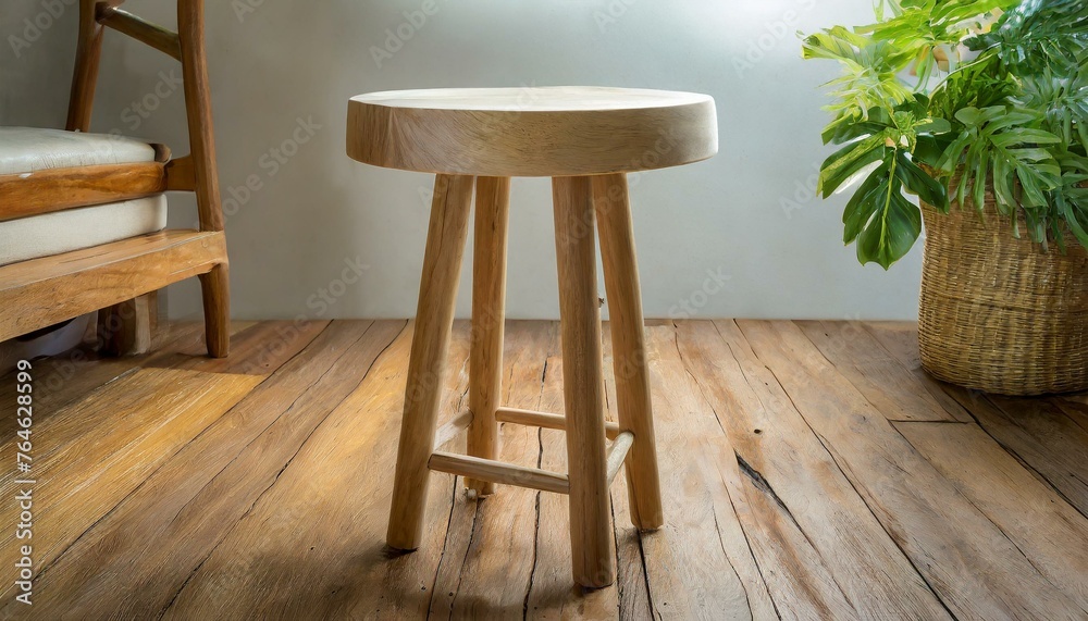 the round wooden stool as a multifunctional and space-saving furniture piece. Design visually appealing posts featuring the stool in different contexts, accompanied by captions that highlight its dura - obrazy, fototapety, plakaty 