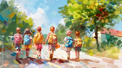 Group of children walking to school on a sunny day: back to education concept"