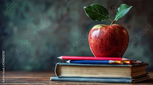 back to school: apple sitting atop a stack of books surrounded by supplies and stationery photo