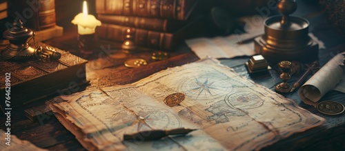Fantasy background with magic book and ancient treasure map.