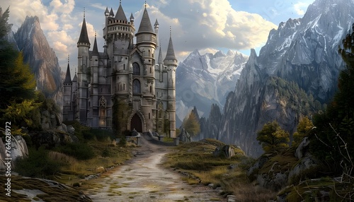Fantasy scenery with a road to an old castle