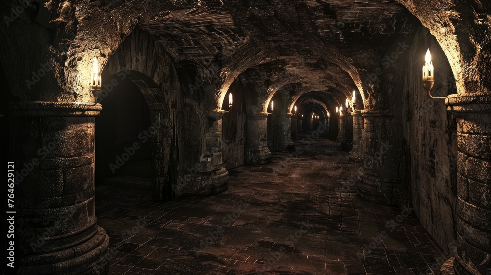 Scary endless, Fantasy Scary endless medieval catacombs with torches 