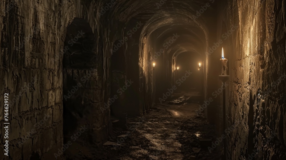 Scary endless, Fantasy Scary endless medieval catacombs with torches 