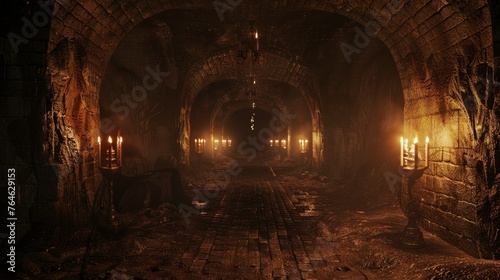 Scary endless  Fantasy Scary endless medieval catacombs with torches 