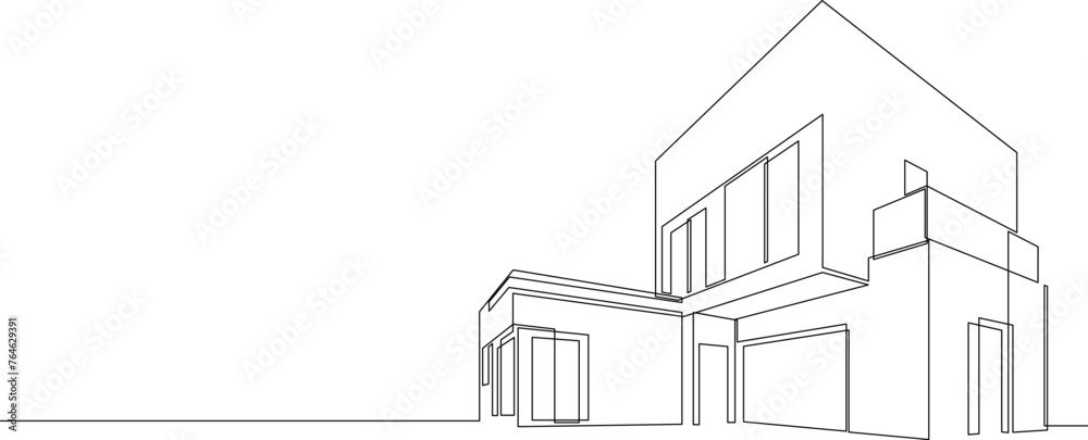 One continuous line drawing of flat roof house or shop. Minimalist style black linear sketch of modern building isolated on white background. Vector illustration.