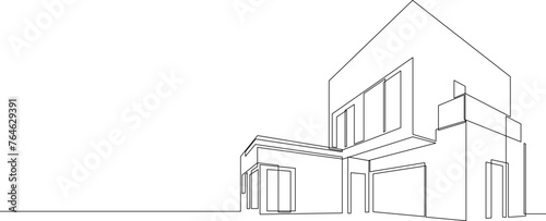 One continuous line drawing of flat roof house or shop. Minimalist style black linear sketch of modern building isolated on white background. Vector illustration.