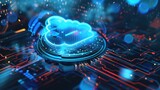 Conceptual representation of cloud computing infrastructure with glowing network and data servers in a futuristic cyber space - AI generated