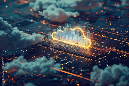 Conceptual representation of cloud computing infrastructure with glowing network and data servers in a futuristic cyber space - AI generated photo