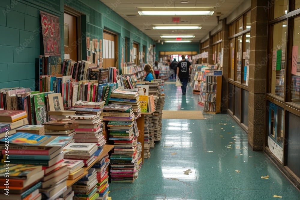 A school hallway transformed into a literary showcase during a book fair