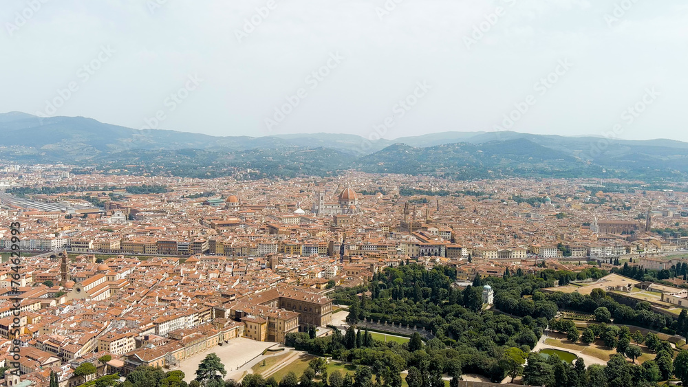 Florence, Italy. Cathedral Santa Maria del Fiore. Panoramic view of the city. Summer, Aerial View