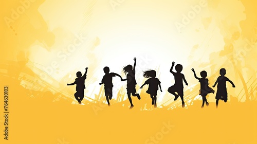 Children jumping for joy, black outline on yellow background.