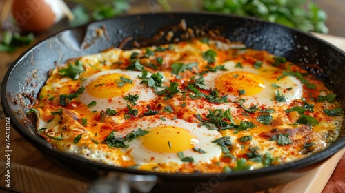 Fried eggs fried eggs spices and herbs fried in a pan.