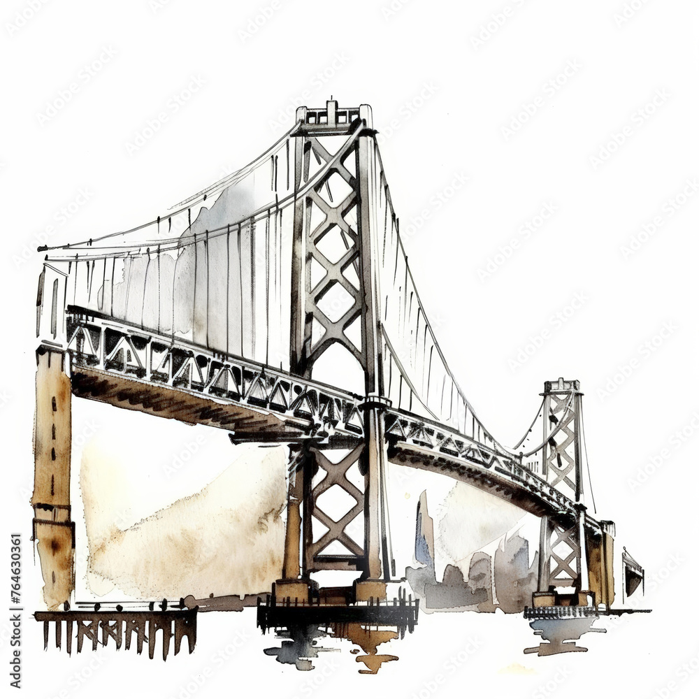 Obraz premium Watercolor illustration of a suspension bridge with urban skyline background, rendered in sepia tones, ideal for architectural concepts or travel-themed designs with space for text