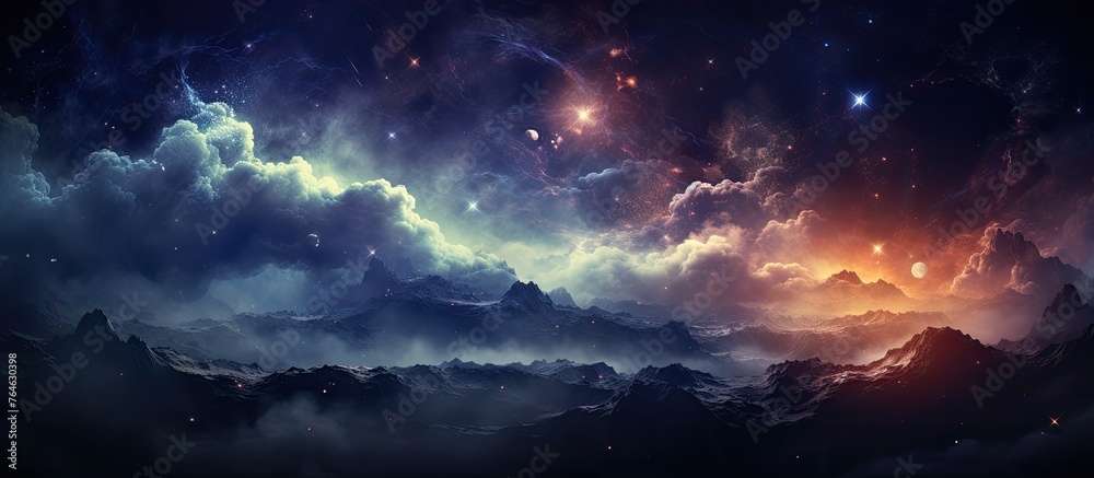 A background featuring a sky filled with stars and clouds
