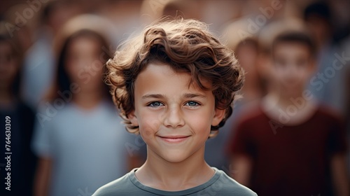 10 year old boy smiling on background of adult people, support concept, photo