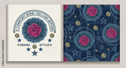 Denim logo, seamless pattern with scattered patches with fringe, jeans buttons, rivets, pink roses. Blue grunge abstract texture with crisscrossed lines on background. Apparel, t shirt, surface design