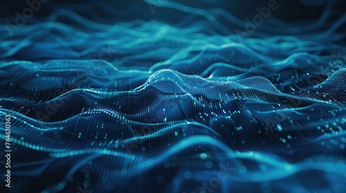 Dark hues and neon waves converge, producing an abstract representation of digital data flow