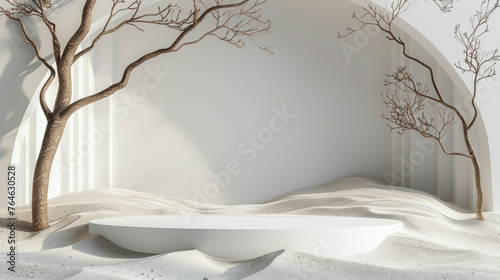 Minimal mockup background for product presentation. Podium and dry tree twigs branch with sand beach on white background " ai generated "