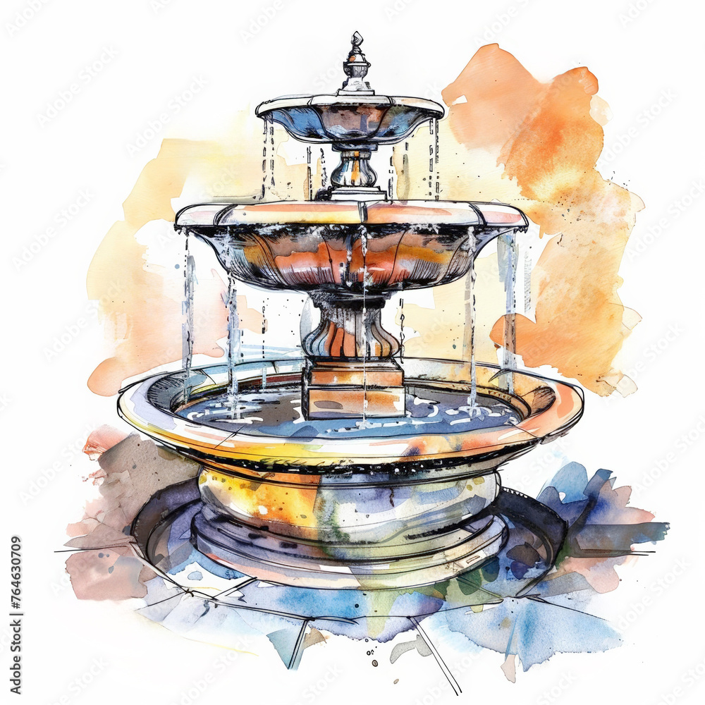 Φωτογραφία Watercolor illustration of a multi-tiered fountain with a vibrant splash of colo
