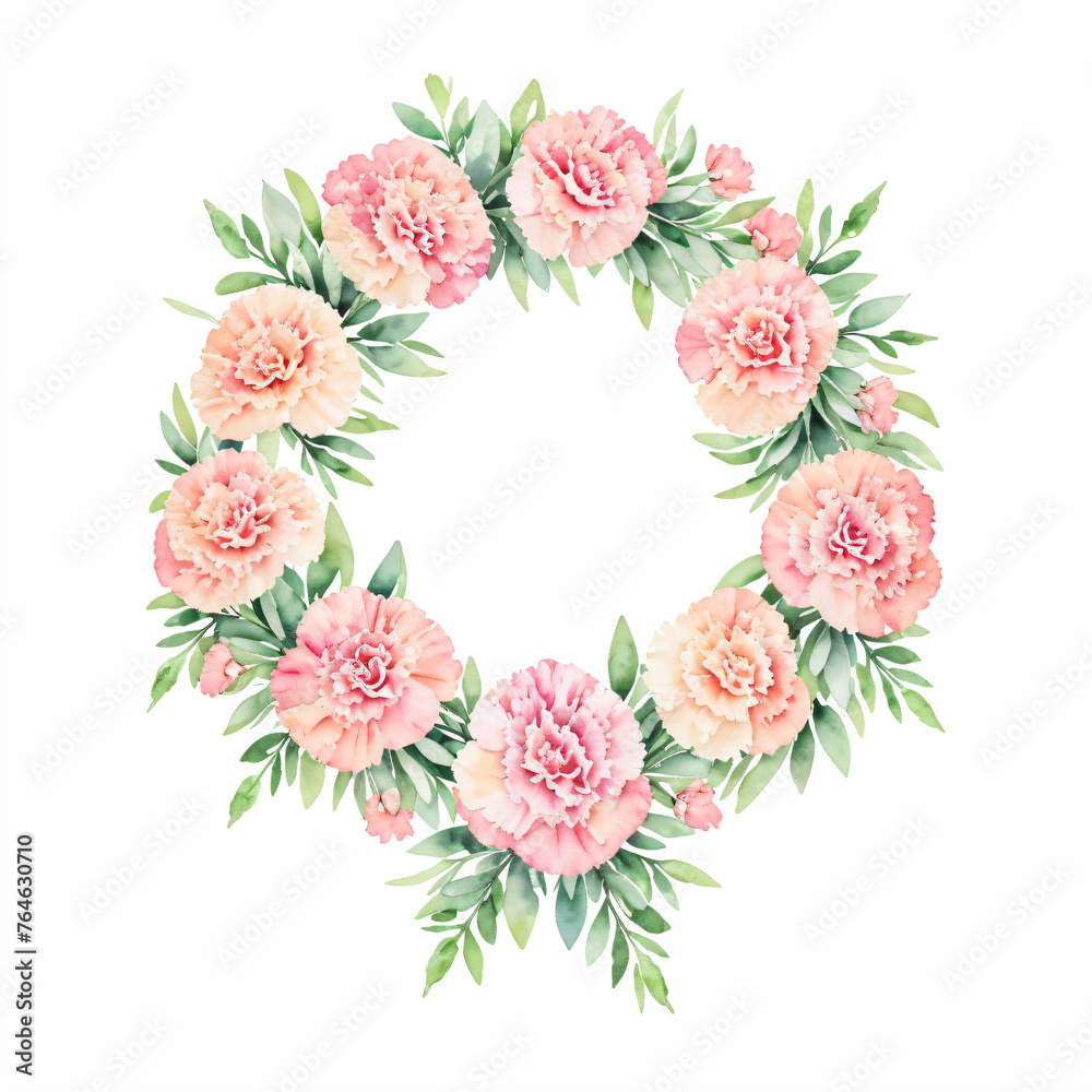 Watercolor pink carnation, carnation flowers wreath laurel. Decoration for Mother's day card, weddings, wedding design, wedding invitation.