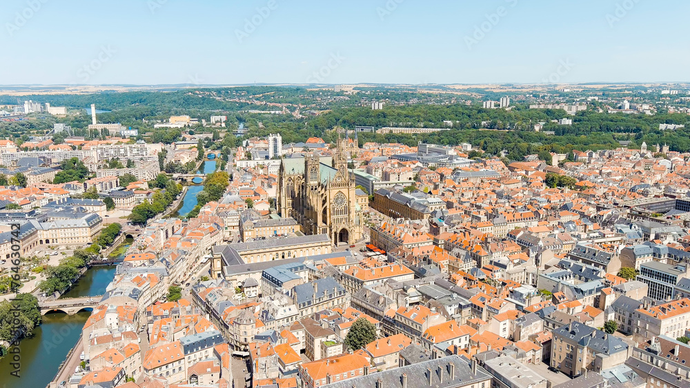 Metz, France. Metz Cathedral. View of the historical city center. Summer, Sunny day, Aerial View