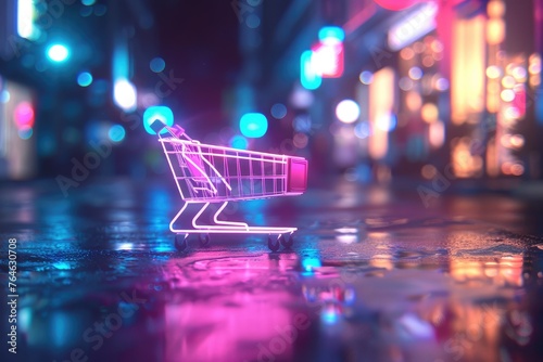 Neon shopping cart on a vibrant city night, symbolizing consumerism and the digital transformation of modern retail - AI generated