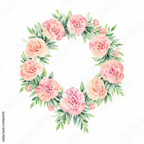 Watercolor pink carnation, carnation flowers wreath laurel. Decoration for Mother's day card, weddings, wedding design, wedding invitation. © Mango Monkey Design