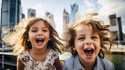 Children laughing against the background of tall city buildings, joy against the background of urbanization