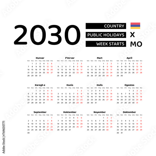 Calendar 2030 Armenian language with Armenia public holidays. Week starts from Monday. Graphic design vector illustration.