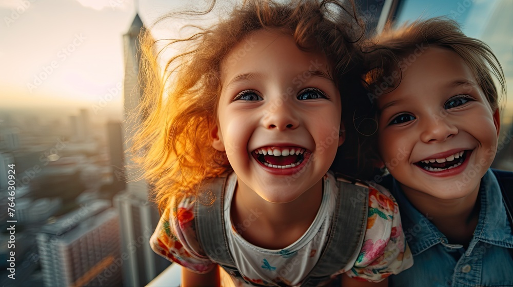 Children laughing against the background of tall city buildings, joy against the background of urbanization. Children laughing against the background of tall city buildings, joy against the background of urbanization.