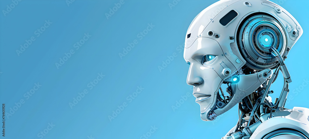 Humanoid Robot AI Portraits for Technology Presentations and Promotions - Space for Copy. Color background.