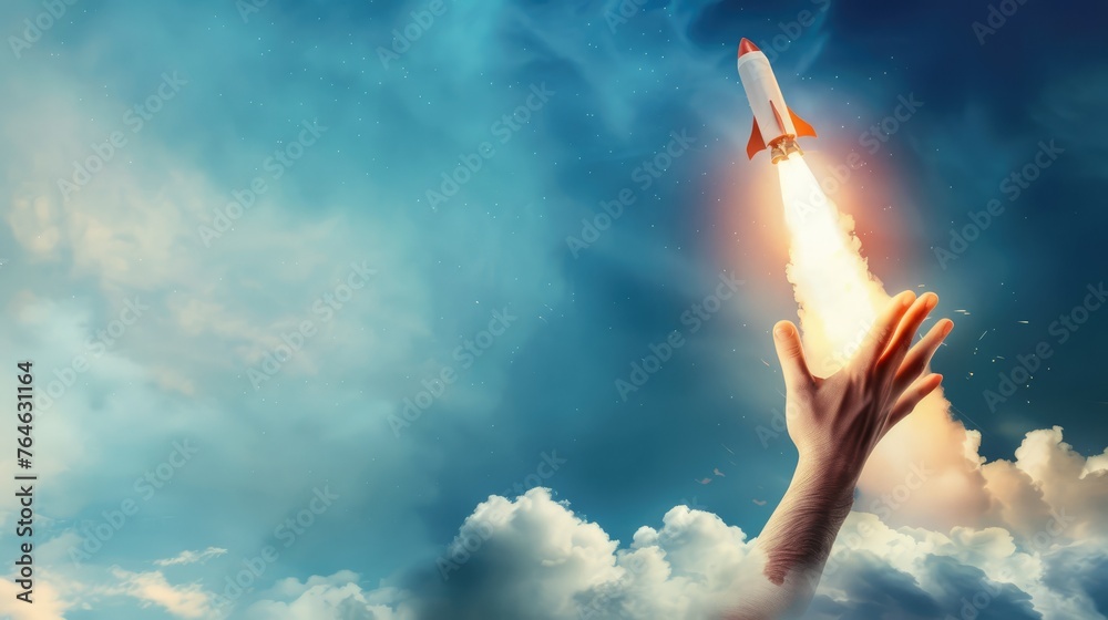 Conceptual image of a hand launching a space shuttle, representing startup innovation, entrepreneurship, and the power of creative vision - AI generated Conceptual image of a hand launching a space shuttle, representing startup innovation, entrepreneurship, and the power of creative vision - AI generated