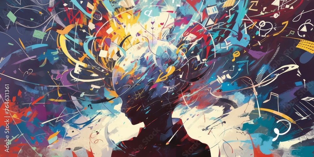 A vibrant painting of an abstract human figure with numbers and symbols swirling around their head, representing the concept that mind is body in unison. 
