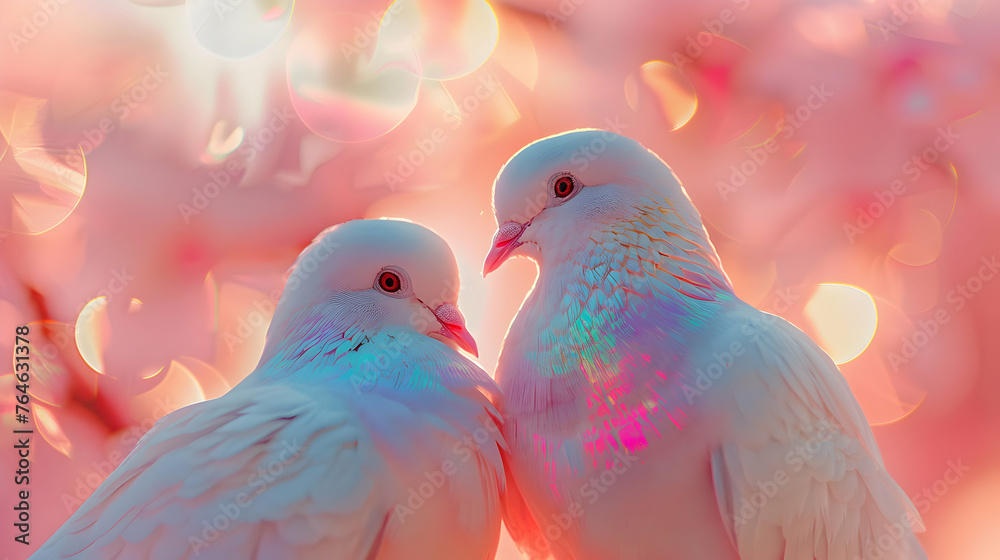 two doves on a pink pastel background, biblical and spiritual religious illustration, sacred scene related to faith and Christianity