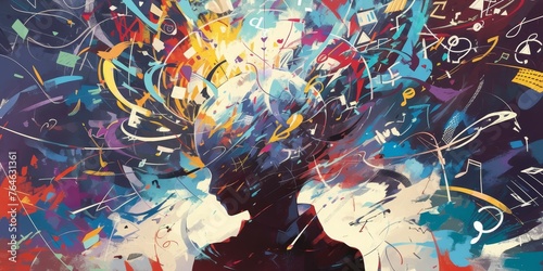 A vibrant painting of an abstract human figure with numbers and symbols swirling around their head  representing the concept that mind is body in unison. 