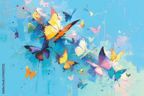 A vibrant painting of butterflies in various colors  swirling and flying around the canvas. The background is a light blue with splashes of color from each butterfly s wings. 
