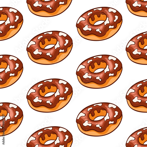 Donut seamless pattern in cartoon. Simple line wallpaper for design, restaurant, cafe, bakery menu. Vector illustration on a white background.